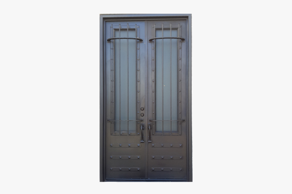 Double iron entry doors with intricate designs